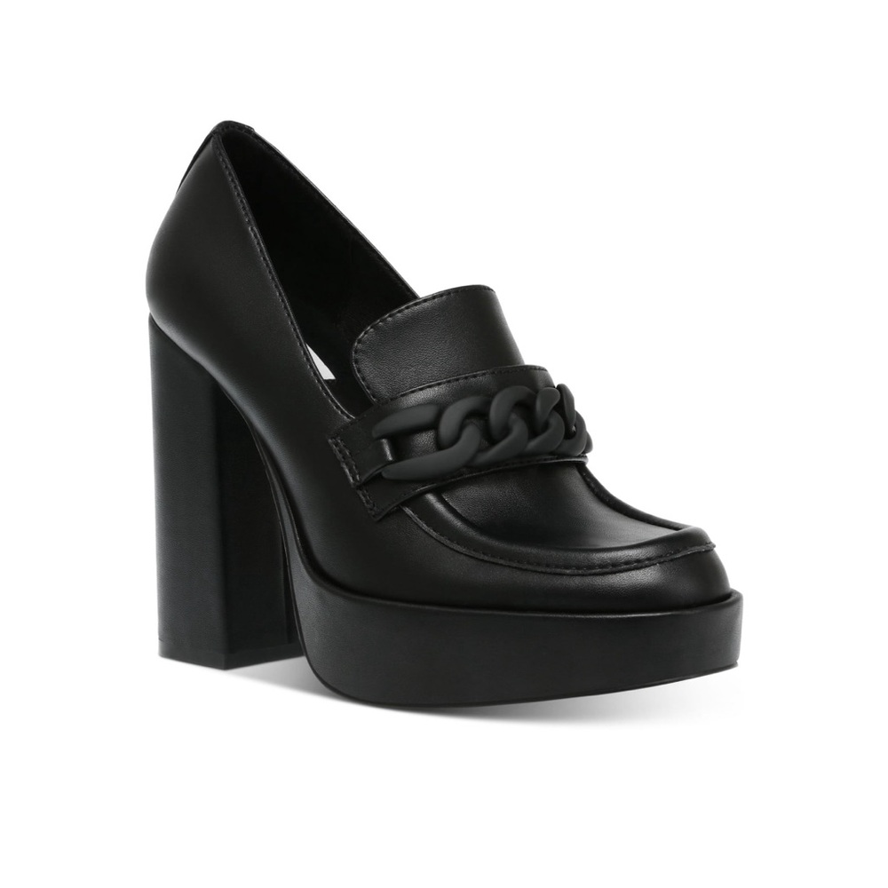 STEVE MADDEN | Black Chain 1" Platform Rhylee Round Toe Block Heel Loafers | 7.5